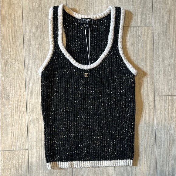 CHANEL Black and White Ribbed Tank Top - Picture 1 of 4